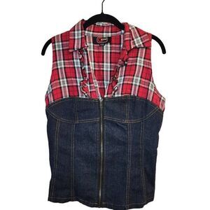 Cherry Krave Y2K Women's Plaid Denim Top Sleeveless Ruffle V Neck Zip Red Medium